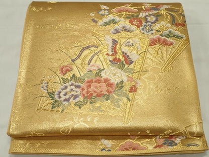 平和屋着物◎六通柄袋帯　唐織　扇面花鳥文　金糸　正絹　逸品　CAAS553ou