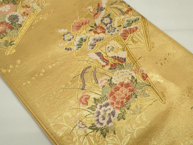 平和屋着物◎六通柄袋帯　唐織　扇面花鳥文　金糸　正絹　逸品　CAAS553ou