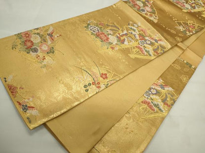 平和屋着物◎六通柄袋帯　唐織　扇面花鳥文　金糸　正絹　逸品　CAAS553ou
