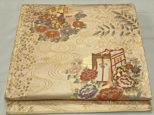 平和屋着物◎六通柄袋帯 唐織 裂取庭園文 金糸 正絹 逸品 CAAS5543ou