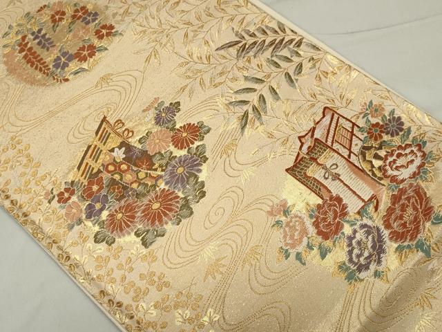 平和屋着物◎六通柄袋帯 唐織 裂取庭園文 金糸 正絹 逸品 CAAS5543ou