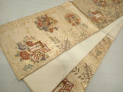 平和屋着物◎六通柄袋帯 唐織 裂取庭園文 金糸 正絹 逸品 CAAS5543ou