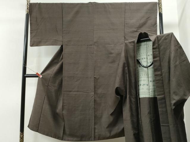 平和屋着物●男性 紬 アンサンブル 色無地 涅色 正絹 逸品 CAAS6763yc