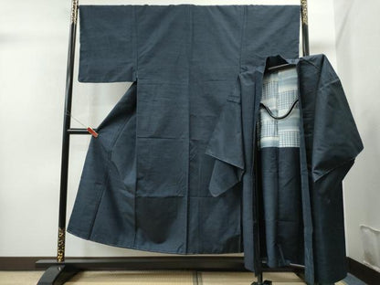 平和屋着物●男性 紬 アンサンブル 色無地 濃藍色 正絹 逸品 未使用 CAAS6827yc