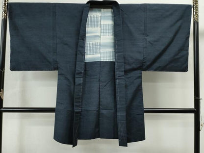 平和屋着物●男性 紬 アンサンブル 色無地 濃藍色 正絹 逸品 未使用 CAAS6827yc