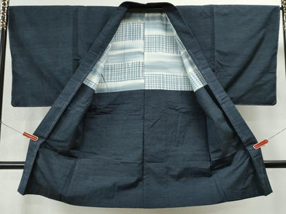 平和屋着物●男性 紬 アンサンブル 色無地 濃藍色 正絹 逸品 未使用 CAAS6827yc