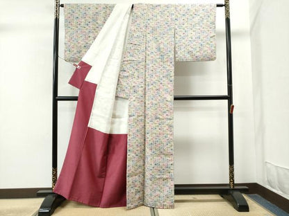 平和屋着物●上質な小紋　紬地　型染め　立涌草花文　正絹　逸品　CAAS6865yc