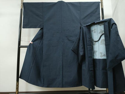 平和屋着物●男性 紬 アンサンブル 色無地 濃藍色 正絹 逸品 CAAS6893yc
