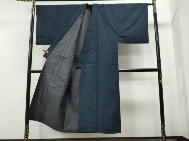 平和屋着物●男性 紬 アンサンブル 色無地 濃藍色 正絹 逸品 CAAS6893yc