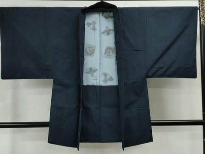 平和屋着物●男性 紬 アンサンブル 色無地 濃藍色 正絹 逸品 CAAS6893yc