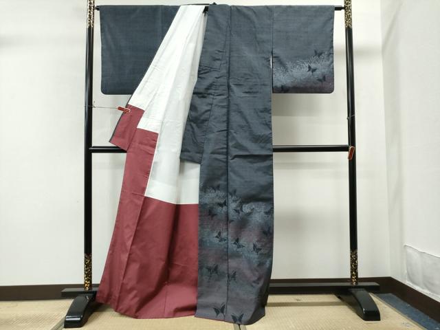 平和屋着物●訪問着 紬地 舞蝶草木文 正絹 逸品 CAAS7065yc