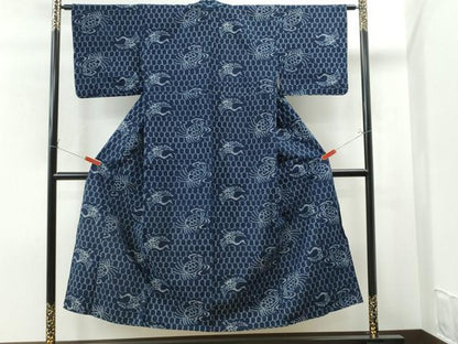 平和屋着物▽弓浜絣　単衣　蓑亀　鶴　亀甲文様　綿　逸品　CAAS7115yc