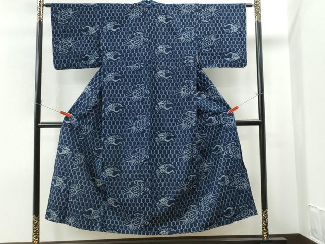 平和屋着物▽弓浜絣　単衣　蓑亀　鶴　亀甲文様　綿　逸品　CAAS7115yc