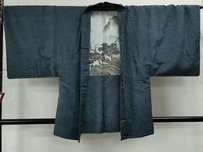 平和屋着物●男性　紬　アンサンブル　色無地　藍色　正絹　逸品　未使用　CAAS7173yc