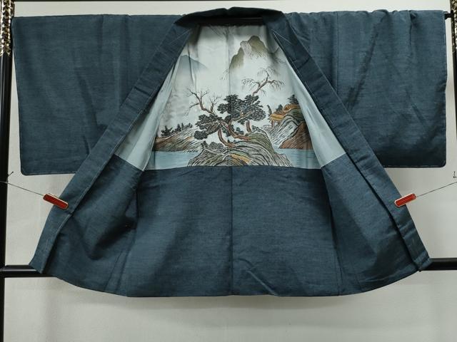 平和屋着物●男性　紬　アンサンブル　色無地　藍色　正絹　逸品　未使用　CAAS7173yc