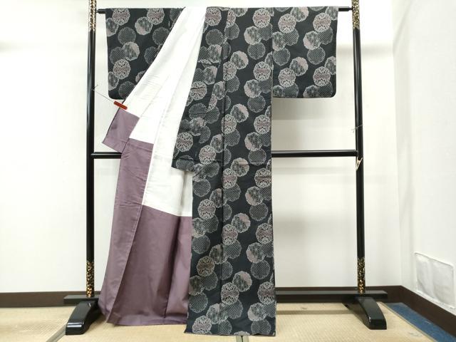 平和屋着物●上質な紬 雪輪吉祥花唐草文 黒地 正絹 逸品 CAAS7309yc