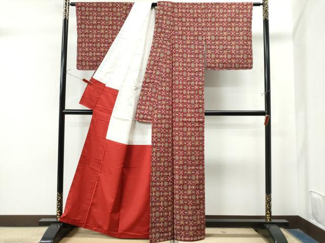 平和屋着物●上質な紬 　結城紬織　花唐草文　証紙付き 　正絹　逸品　未使用　CAAS7351yc