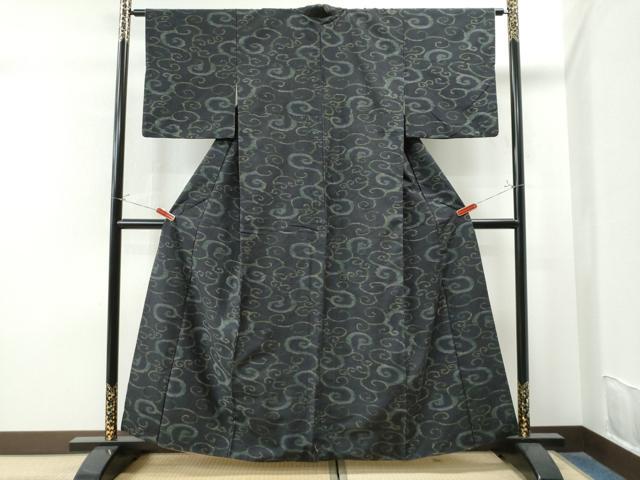 平和屋着物●上質な紬 唐草文 黒地 正絹 逸品 CAAS7496yc