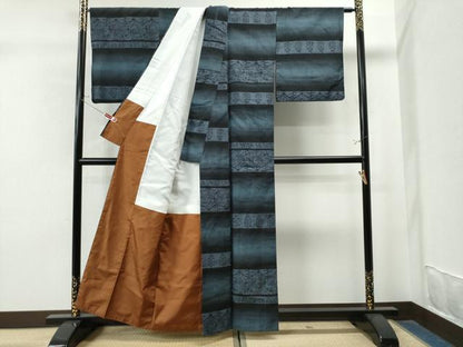 平和屋着物●上質な紬 横段飛鳥花唐草文 正絹 逸品 CAAS7501yc