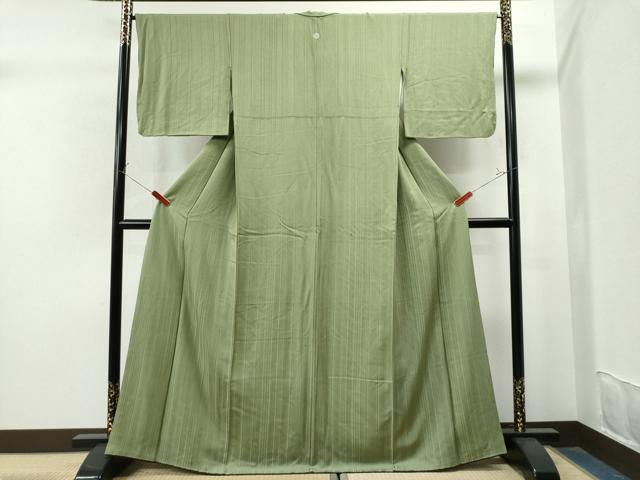 平和屋着物●上質な色無地　縞地紋　青丹色　正絹　逸品　CAAS7519yc