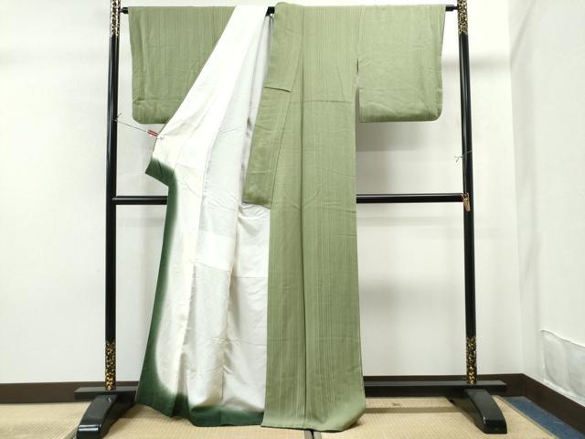 平和屋着物●上質な色無地　縞地紋　青丹色　正絹　逸品　CAAS7519yc