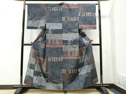 平和屋着物●小千谷紬　百柄　横段吉祥花文　正絹　逸品　CAAS7579yc