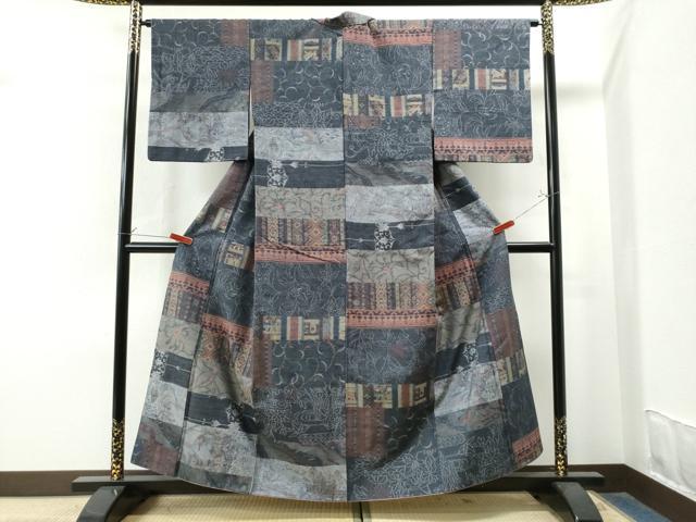 平和屋着物●小千谷紬　百柄　横段吉祥花文　正絹　逸品　CAAS7579yc