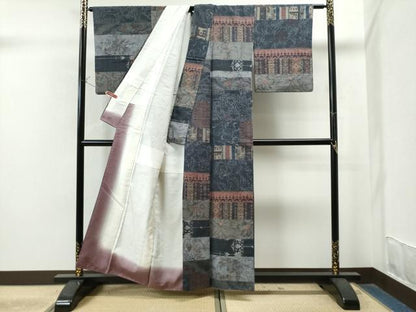 平和屋着物●小千谷紬　百柄　横段吉祥花文　正絹　逸品　CAAS7579yc