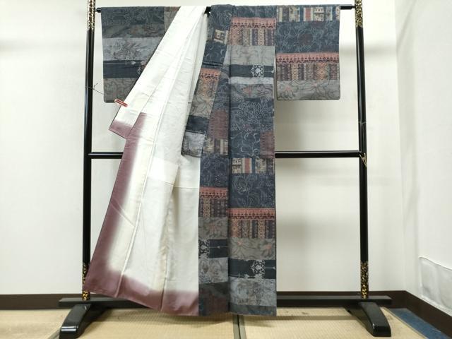 平和屋着物●小千谷紬　百柄　横段吉祥花文　正絹　逸品　CAAS7579yc