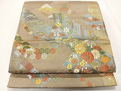 平和屋着物◎六通柄袋帯 唐織 短冊花鳥文 鶴 金糸 正絹 逸品 CAAS7670ua