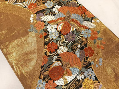 平和屋着物◎六通柄袋帯　唐織　立波鴛鴦花文　黒地　金糸　正絹　逸品　CAAS7676ua
