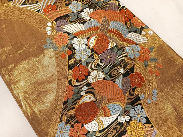 平和屋着物◎六通柄袋帯　唐織　立波鴛鴦花文　黒地　金糸　正絹　逸品　CAAS7676ua