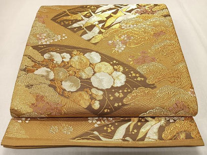 平和屋着物◎六通柄袋帯 京 桃山錦 地紙飛鶴花文 金糸 正絹 逸品 CAAS7677ua