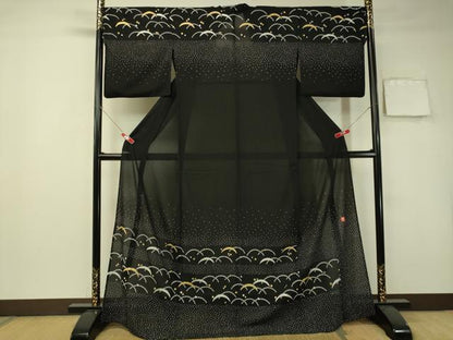 平和屋着物＊夏物 ファッションデザイナー 花井幸子 訪問着 絽縮緬 芝草横段文 黒地 金銀彩 正絹 逸品 CAAS8364vp