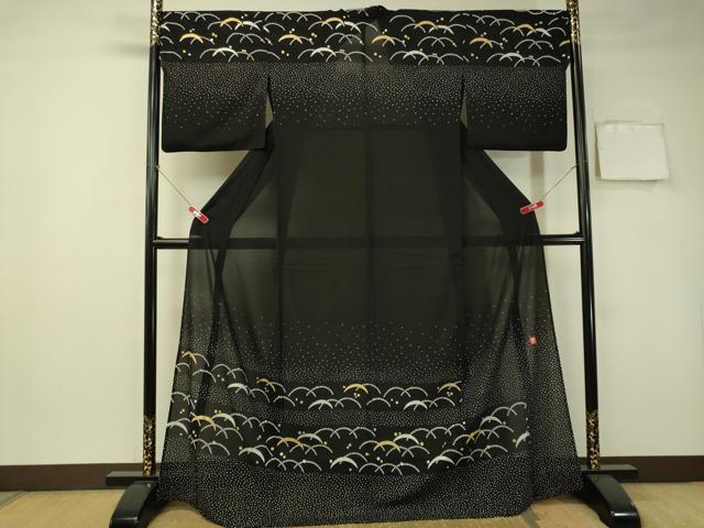 平和屋着物＊夏物 ファッションデザイナー 花井幸子 訪問着 絽縮緬 芝草横段文 黒地 金銀彩 正絹 逸品 CAAS8364vp