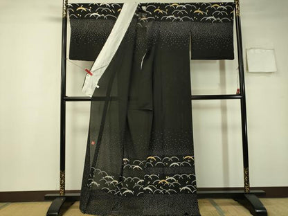 平和屋着物＊夏物 ファッションデザイナー 花井幸子 訪問着 絽縮緬 芝草横段文 黒地 金銀彩 正絹 逸品 CAAS8364vp