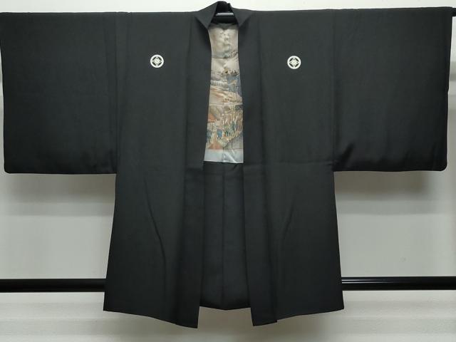 平和屋着物●男性　黒紋付　羽織セット　正絹　逸品　CAAS8407vf