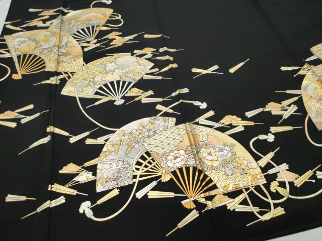 平和屋着物●金彩友禅　卓越技能者・名工・和田光正　黒留袖　扇面草花文　金銀彩　正絹　逸品　CAAS8433vf