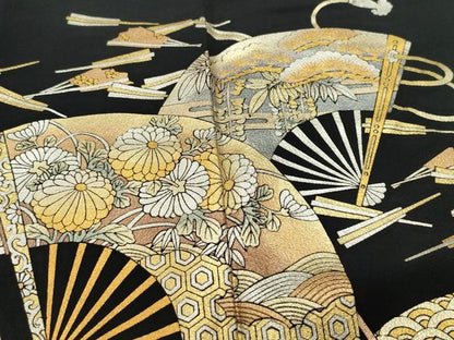 平和屋着物●金彩友禅　卓越技能者・名工・和田光正　黒留袖　扇面草花文　金銀彩　正絹　逸品　CAAS8433vf