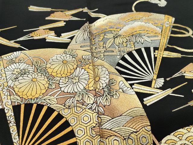 平和屋着物●金彩友禅　卓越技能者・名工・和田光正　黒留袖　扇面草花文　金銀彩　正絹　逸品　CAAS8433vf