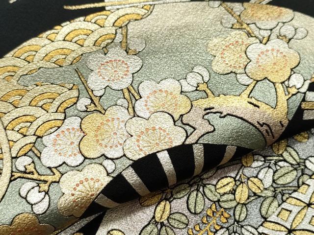 平和屋着物●金彩友禅　卓越技能者・名工・和田光正　黒留袖　扇面草花文　金銀彩　正絹　逸品　CAAS8433vf
