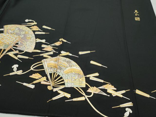 平和屋着物●金彩友禅　卓越技能者・名工・和田光正　黒留袖　扇面草花文　金銀彩　正絹　逸品　CAAS8433vf