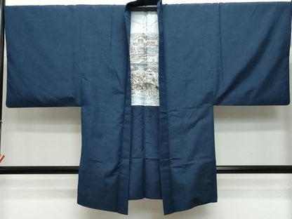 平和屋着物●男性　紬　アンサンブル　藍鉄色　正絹　逸品　CAAS8447vf