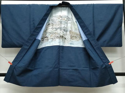 平和屋着物●男性　紬　アンサンブル　藍鉄色　正絹　逸品　CAAS8447vf