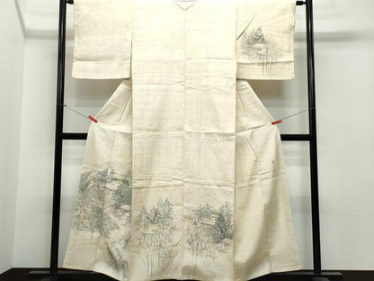 平和屋着物●訪問着　作家物　紬地　手描き　風景草木文　正絹　逸品　CAAS8564vf