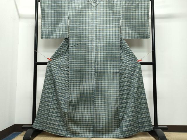 平和屋着物●民芸真綿手織紬 格子柄 反端付き 正絹 逸品 CAAS8600vf