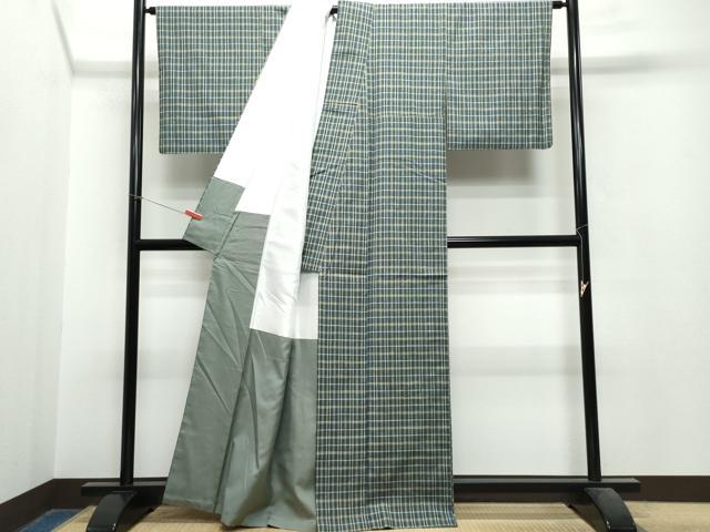 平和屋着物●民芸真綿手織紬 格子柄 反端付き 正絹 逸品 CAAS8600vf