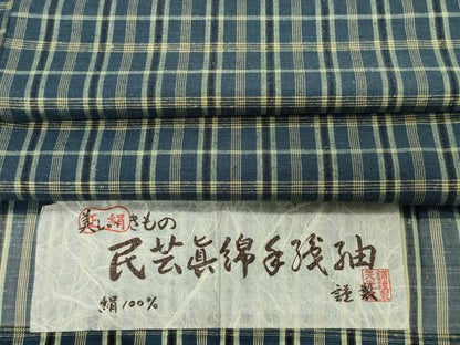 平和屋着物●民芸真綿手織紬 格子柄 反端付き 正絹 逸品 CAAS8600vf