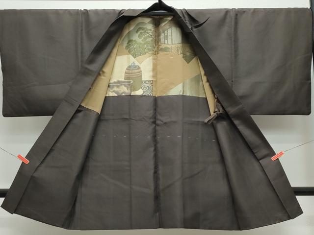 平和屋着物●男性　お召　羽織セット　憲法黒茶色　赤墨色　正絹　逸品　CAAS8604vf