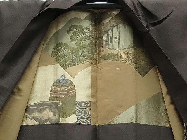 平和屋着物●男性　お召　羽織セット　憲法黒茶色　赤墨色　正絹　逸品　CAAS8604vf